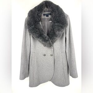 French Connection Faux Fur Collared Double-Breasted Wool Blend Pea Coat Size XL‎
